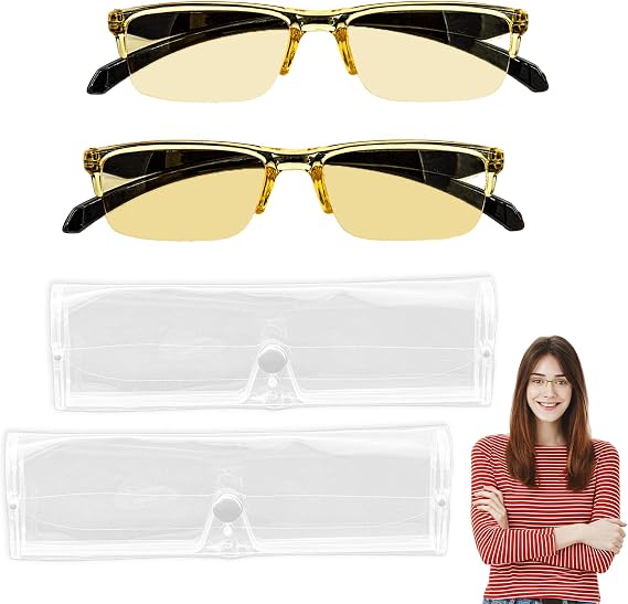 2 Pcs Auto Focus Glasses, Automatic Zoom Reading Intelligent Self Adjusting Presbyopia Anti-Blue Light Glass Adjustable Presbyopic Color-Changing Smart Look Far And Near For Men Women(Yellow)