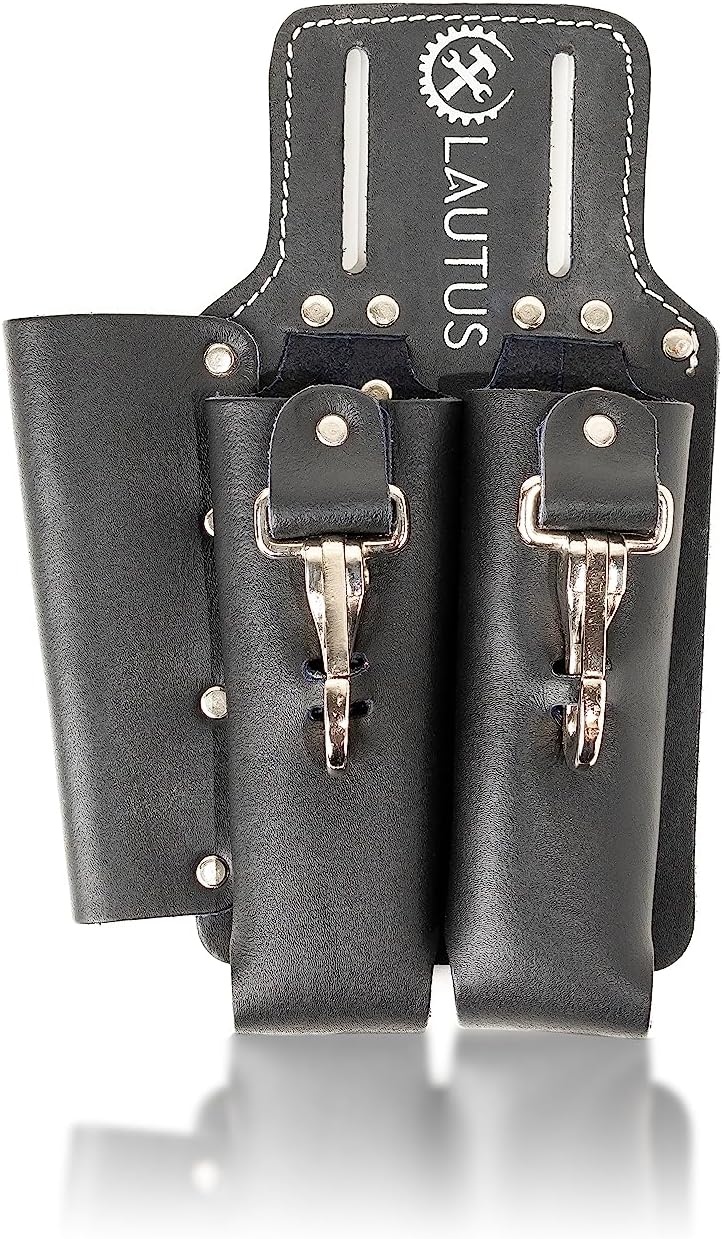 LAUTUS Leather Tool Holder with 3 Pockets for Pliers, Folding Rule, Screwdriver and Knife Snap, Fits Belts up to 2-Inch Wide