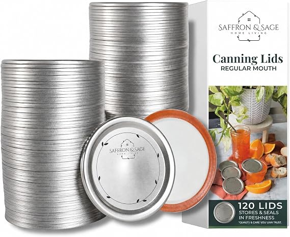 Saffron & Sage Canning Lids Regular Mouth - 120 Count Quality Universal Lids for Ball, Kerr Mason Jars - Good Sealing Performance for a Tight Seal, Food Grade, Rust Proof, and Thick to Prevent Warping
