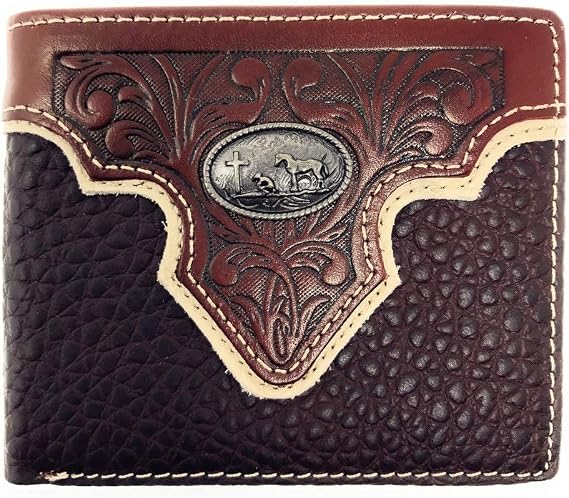 Genuine Leather Floral Tooled Praying Cowboy Concho Mens Short Bifold Wallet in 2 colors (Coffee)
