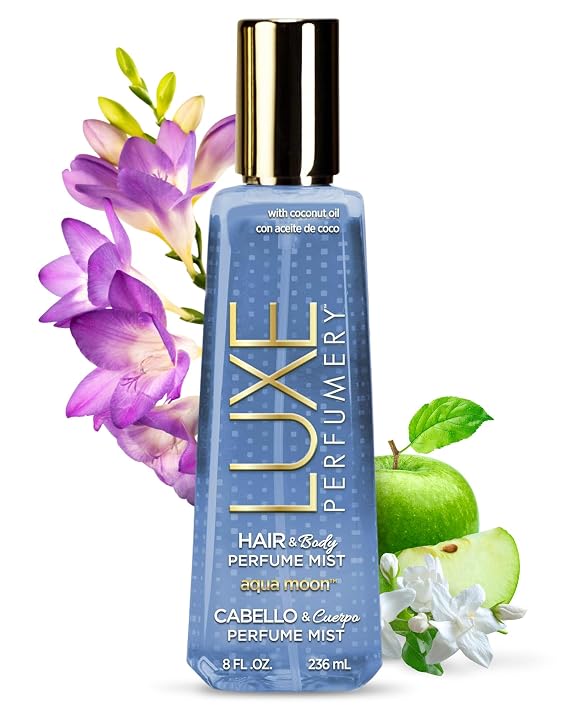 Luxe Perfumery Aqua Moon Hair & Body Perfume Mist Fruity Floral Musk with Green Apple, Jasmine & Freesia Hydrating Coconut Oil & Glycerin, Lightweight Daily Mist for Women, 8 Fl Oz