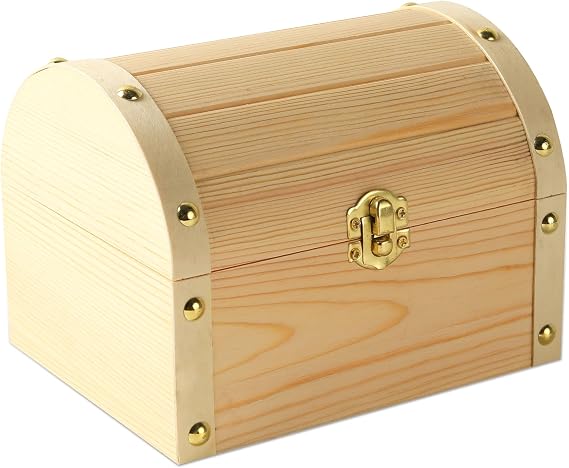 6.7"x5.1"x3.1" Wooden Treasure Chest Box, Unfinished Pine Wood Box with Hinged Lid, DIY Craft Boxes for Painting, Staining, Wood Burning, Party, Classroom, or Wedding Decor - 1 Pack
