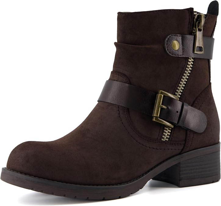 Dunes Max Motorcycle Womens Ankle Boots Comfortable Booties for Women with Zipper & Buckle, Combat Boots Style, Memory Foam, Wide Width Options