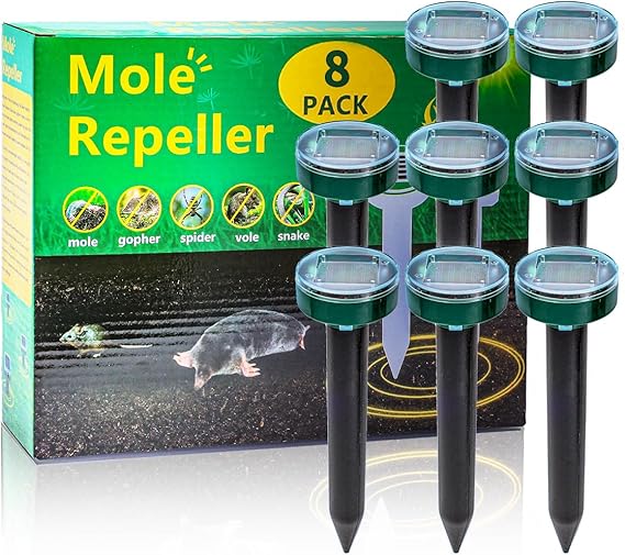 Green 8 Mole Repellent for lawns Gopher Repellent Ultrasonic Solar Powered Snake Repellent Deterrent Mole Repeller Vole Repellent Outdoor Lawns Garden Yard All Pests Sonic Spikes Stakes Chaser upgrade