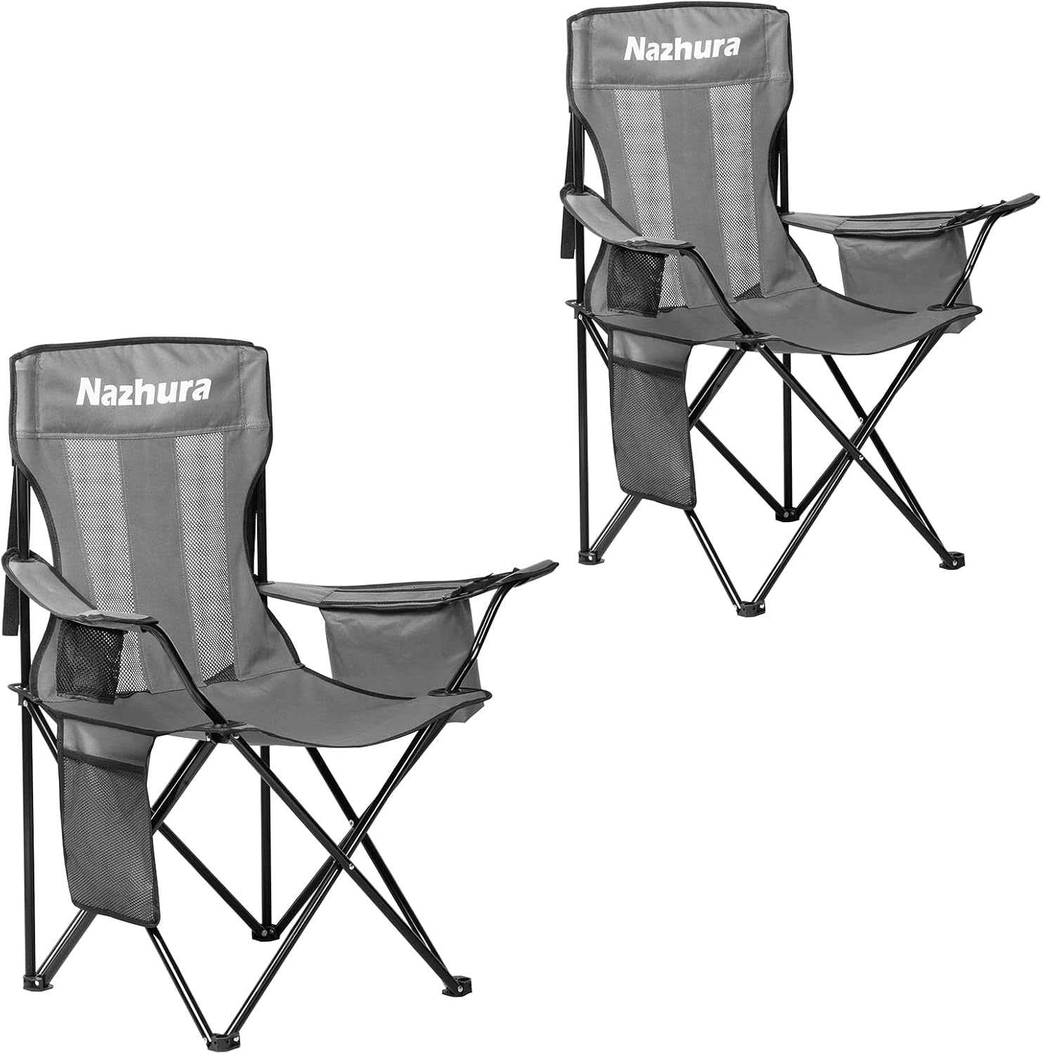 Nazhura 2 Pack Folding/Foldable/Portable Outdoor Camping Chair with Cooler Pouch, Mesh Backrest and Cup Holder Pocket (Grey, 2 Pack)