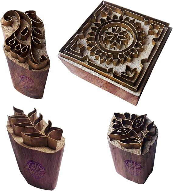 Royal Kraft Floral Brass Wooden Printing Stamps (Set of 4) - DIY Fabric, Clay, Pottery Blocks BHtag0003