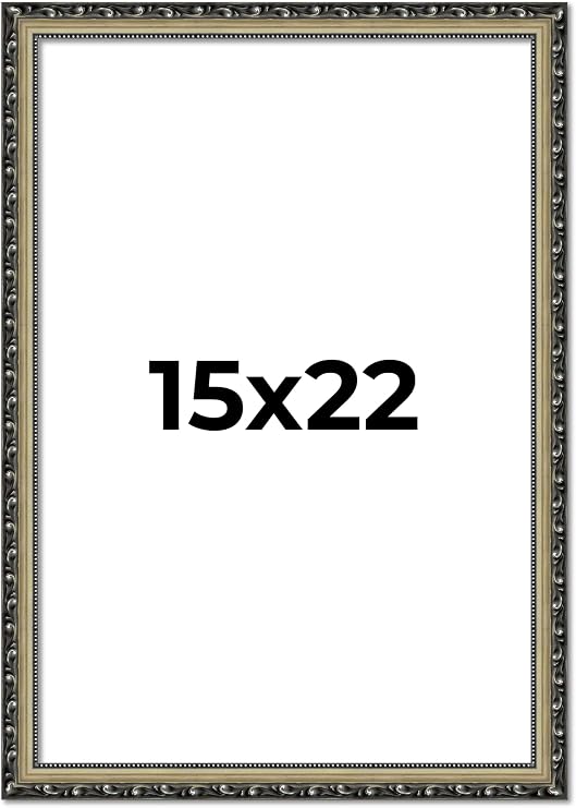 Poster Palooza 15x22 Frame Silver Ornate Antique Solid Solid Wood Picture Frame with UV Acrylic Plexiglass, Foam Board Backing and Hardware Included