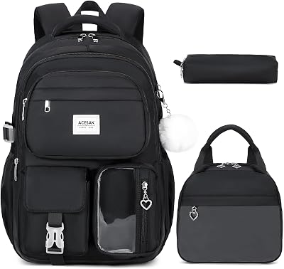 Backpack for Girls - Girls Backpack with Lunch Bag & Pencil Pouch for Teen Kids Laptop Backpack for Women, Elementary Middle High School Bookbag Travel Daypack Black