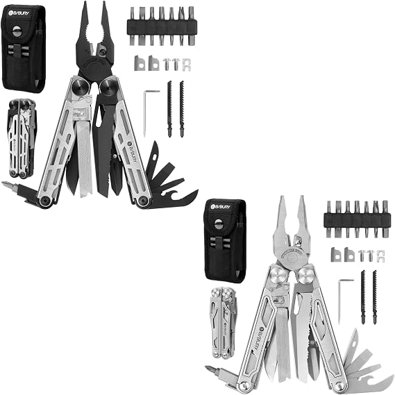 BIBURY Multitool Pliers Pro BI2045 Black + Silvery, Foldable Multitools With Replaceable Wire Cutters and Upgraded Scissors, T-Shank Interchangeable Tools, Ideal for Camping Fishing Survial