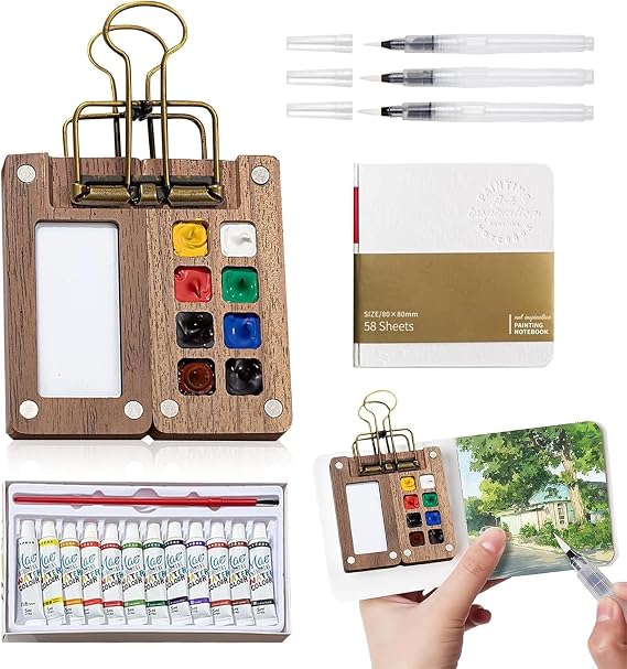 Mini Watercolor Travel Set, Compact Travel Art Kit with 8 Grid Wood Paint Palette, Sketchbook, Metal Clip, Gift for Birthdays, Holidays & Art Lovers
