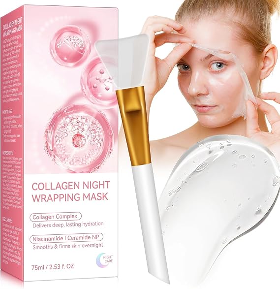 Collagen Night Wrapping Mask, Peel Off Collagen Mask for the Face, Deep Hydration, Reduces Wrinkles & Improves Skin Elasticity, Brush Included, 75 ml