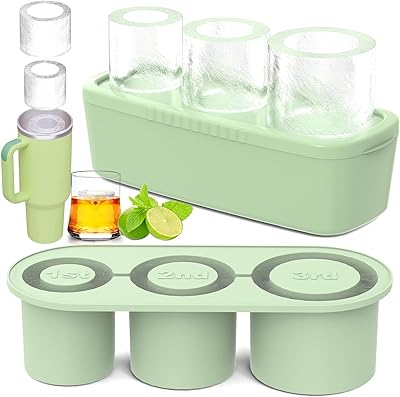 Ice Cube Tray for Tumbler Cup 30Oz-40Oz, 3 Pcs Silicone Cylinder Ice Mold with Lid and Bin for Freezer, Easy Fill and Release Ice Maker for Whiskey, Cocktail BPA-Free Green, 40Oz-Type1
