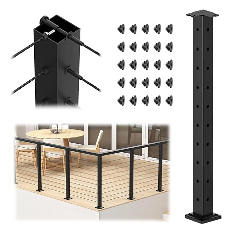 36" Black Cable Railing Corner Post Surface Mount T-Drilled