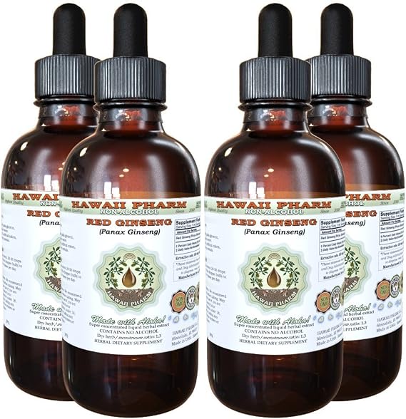 Hawaii Pharm Red Ginseng Alcohol-Free Liquid Extract, Professional Grade, Small Batch Crafted Red Ginseng (Panax Ginseng) Dried Root Glycerite Natural Herbal Supplement, 4x4 fl.oz