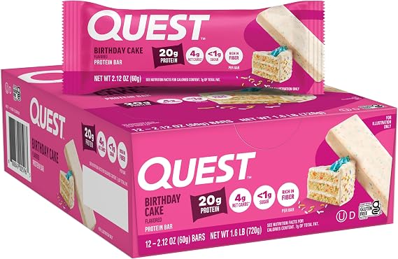 Quest Nutrition Bars, 60 g, Birthday Cake, Pack of 12 | <1g Sugar, 4g Net Carbs, 1g Sugar, Gluten Free, High Quality Protein, Soft and Chewy, Individual 2.12oz Bars