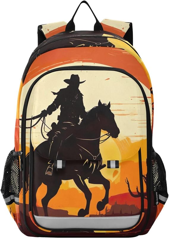 Western Cowboy Sunset School Backpack for Girls-Boys Elementary School Bookbag Daypack for Kids