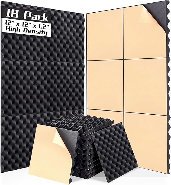 18 Pack Egg-Crate Acoustic Foam High Density Soundproof Panels 12x12x1.2 Inches Sound Proofing Panels Acoustic Foam Wall Panels for Studio, Home, Office & Gaming Room Black