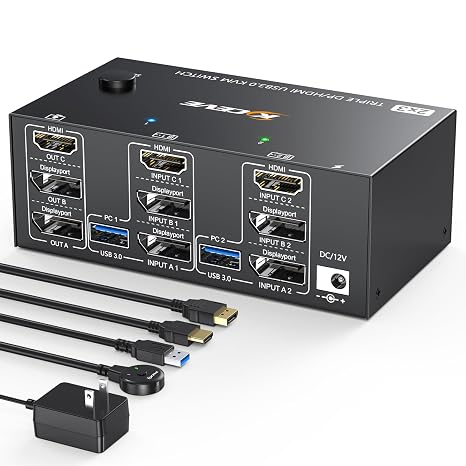 KVM Switch 3 Monitors 2 Computers, KCEVE USB 3.0 HDMI + DisplayPort 8K@30Hz/4k@144Hz Triple Monitor DP KVM Switcher for 2 Computer Share 3 Display and 4 USB 3.0 Devices, Wired Remote Included
