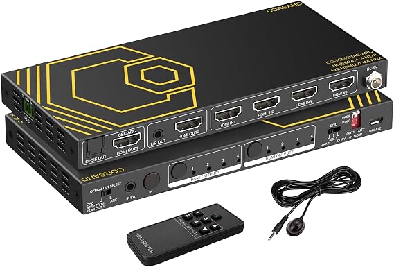 HDMI Matrix 4 in 2 Out 4K 60Hz 4:4:4 ARC HDR D-olby Vision Atmos SPDIF 5.1CH Breakout 3.5mm Stereo HDCP2.2- PC Console 16 EDID HDMI Scaler 4K 1080P Sync, HDCP2.2 HDMI2.0 Matrix 4x2 IR Remote