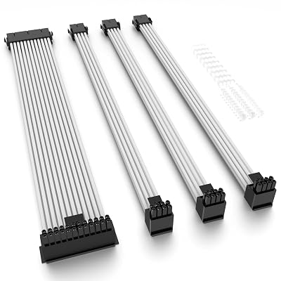 Power Supply PSU Sleeved Extension Cable with 90 Degree Right Angled PSU Connector Adapter with Combs 4er Pack - 90°, 300mm - White
