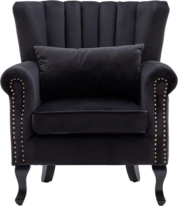Mid-Century Modern Accent Chair Velvet Armchair Tufted Wingback Santa Club Chair Single Sofa Lounge Side Chair with Pillow for Living Room/Bedroom, Black