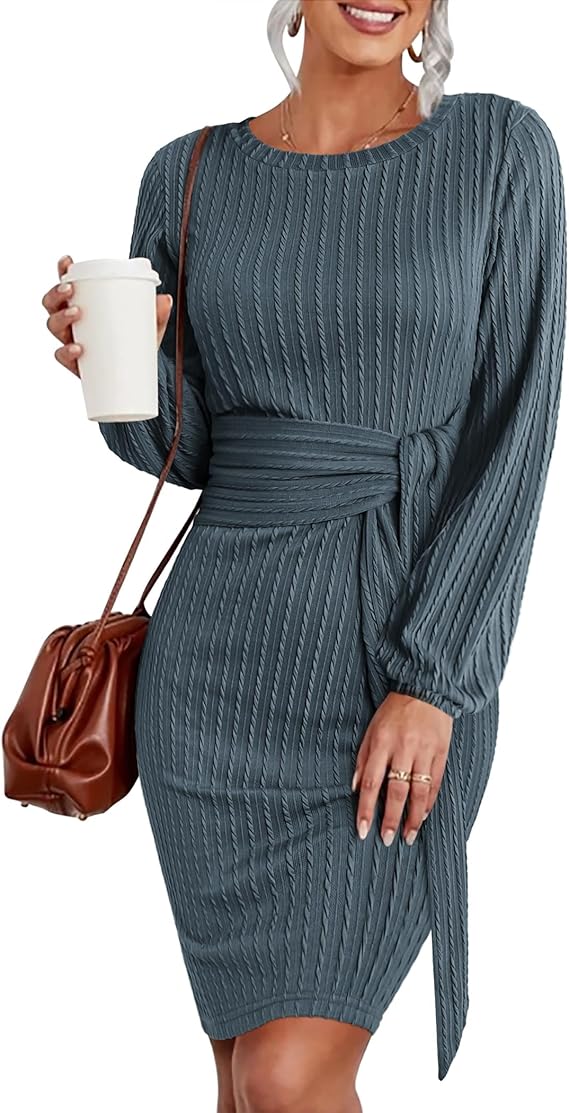 HOTOUCH Women's Knit Dress Long Lantern Sleeve Bodycon Dress Crewneck Tie Waist Rib Knitted Sweater Dresses