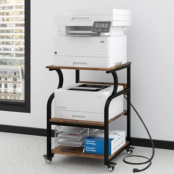 Natwind 3 Tier Large Printer Stand, 24"x20", with Charging Station,Retro | Printer Table with Adjustable Shelf & Industrial Wheels for Home Office,1''x1'' Thick Steel Tube,Heavy Duty,Supports 300lbs