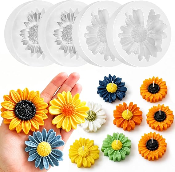 4 Pcs 3D Flower Silicone Molds Daisy Sunflower for Candle Soap Cake Topper | Non-Stick Food-Grade Silicone, Daisy Sunflower Shapes, for Fondant Chocolate Wax Epoxy Resin Concrete Polymer Clay DIY Craft