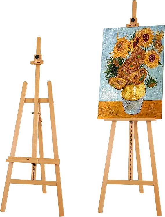Wooden Art Easel for Painting, Adjustable & Foldable Beech Wood Display Easel Stand for Canvas, Hold Canvas up to 43", 57''-76" H Floor Art Easel for Adults, Artists, Beginners - Natural
