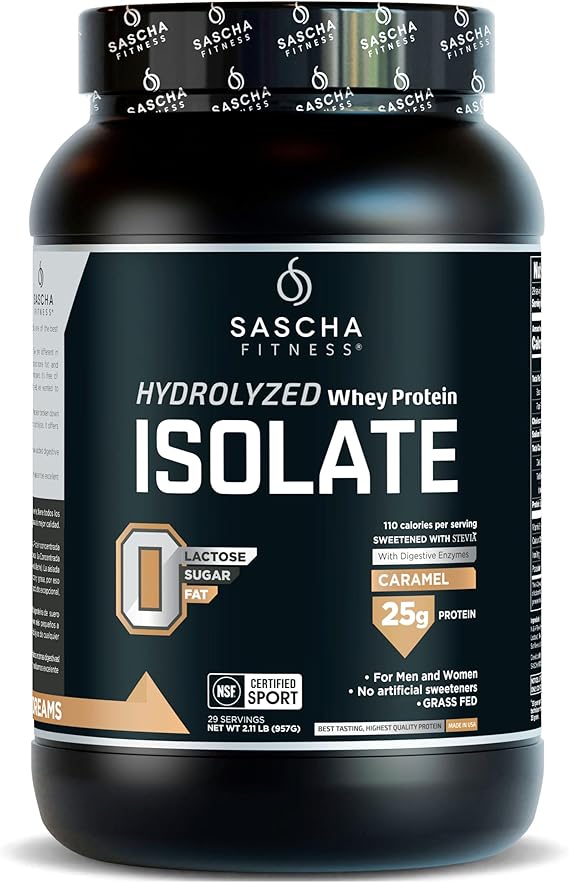 SASCHA FITNESS Hydrolyzed Whey Protein Isolate,100% Grass-Fed (2.11 Pounds) (Caramel Flavor)
