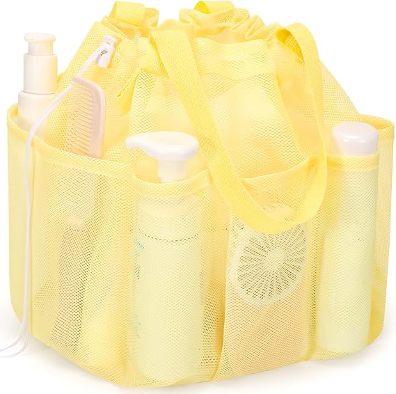 famichan Fileli Duş Caddy Taşınabilir Çekme İpli, Üniversite Öğrencileri Kız ve Erkek Çocuklar için Yurt Odası Temelleri, Kamp, Yüzme, Spor Salonu, Seyahat, Banyo için Büyük Duş Çantası - Sarı