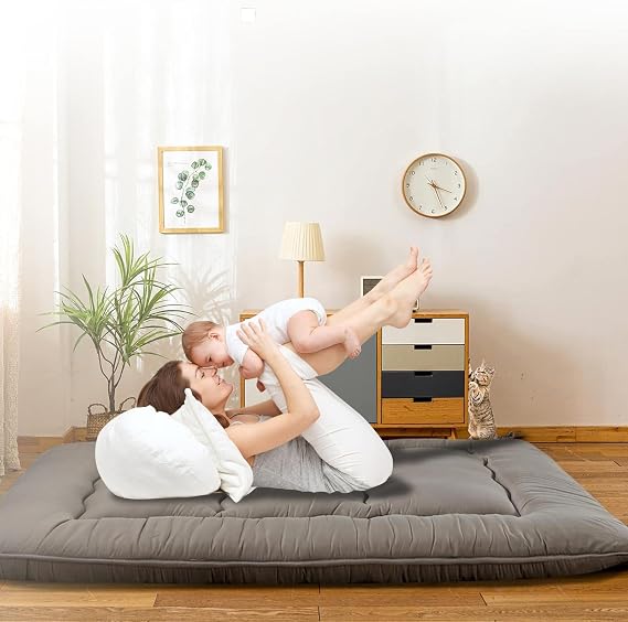 QQP Japanese Futon Floor Mattress Foldable Tatami Floor Mat Bed Portable Adults Kids Sleeping Pad Suitable for Camping, Guest Room, Floor Lounger Car Couch Bed- Twin, Grey