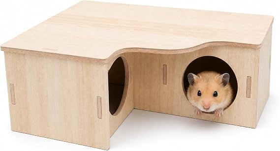 Hamster House Wooden Hideout 3 Chamber, Multi Chamber Hamster Hide with Platform, Wood Hamster Hide House, Hamster Multi Chamber Hide for Syrian Hamsters Gerbils Chinchilla Small Animal Cage