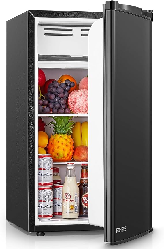 3.2 Cu. Ft Mini Fridge with Freezer, FOHERE Small Fridge with 7 Level Temperature Control, Removable Glass Shelves for Bedroom, Office, Dorm