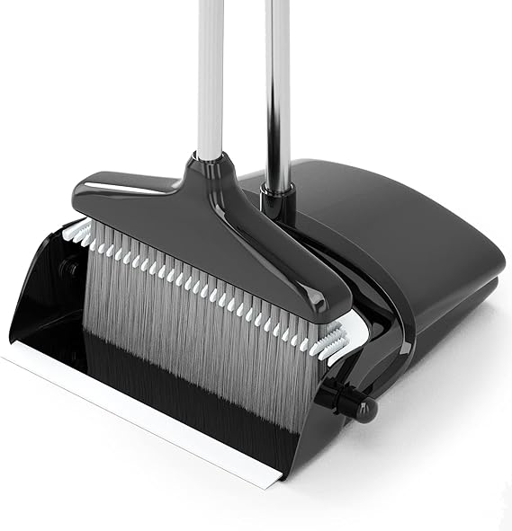 Broom with Dustpan Combo Set 54 Long Handle Household Dust Pan for Home Office Kitchen Cleaning (Black & Grey)