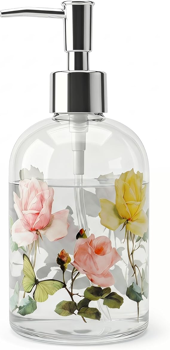 Topadorn 17oz Glass Soap Dispenser with Pump, Refillable Hand Soap Dispenser for Bathroom & Kitchen, Vintage Rose & Butterfly Floral Design, Decorative Farmhouse Countertop Decor