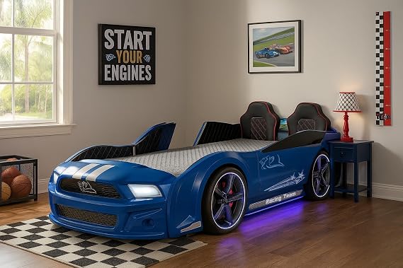 Luxury Race Car Bed for Kids LED Lights, Sports Car Design, Sound Effects, Twin, Ergonomic & Comfortable Sleeping Experience (Blue)
