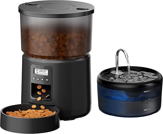 Automatic Cat Feeder and Water Fountain: Cat Food Dispenser with Timer and Pet Drinking Fountain Indoor, 3L Pet Feeder for Dry Food &2.4L Faucet Water Fountain Black, Auto Dog Bowl Programmable 6 Meal