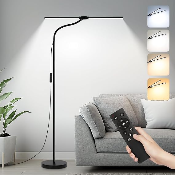 LED Floor Lamp with Remote Control, 18W/2000LM Bright Lamp with Double Head | Adjustable Gooseneck, Dimmable Modern Standing Lamp for Living Room Office, Eye Caring Reading Light for Craft Puzzle Sewing
