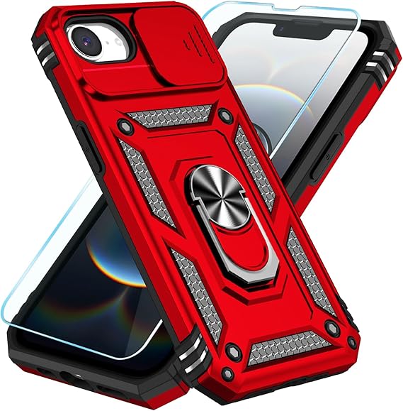 SunStory Compatible with iPhone 16e Case & iPhone 17e Case with HD Screen Protector & Slide Camera Cover & Rotated Ring Kickstand, [Military-Grade] Phone Case for iPhone 16e/17e, Red