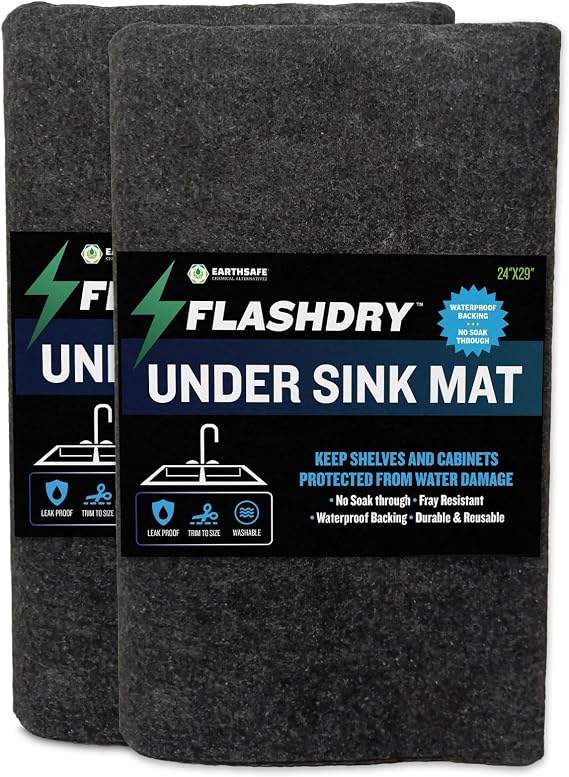 FlashDry Under the Sink Mat Liner for Kitchen Cabinet - Waterproof, Slip Resistant, Non-Adhesive, Highly Absorbent, Machine Washable, Durable Design, Protects Against Leaks & Spills, 24" x 29", 2-Pack