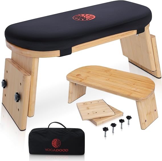 Yoga Dood Zen+ Adjustable Meditation Bench 3-Level Height Kneeling Bench | Ergonomic 5 Tilt, Foldable Solid Bamboo with Velvet Cushioned Seat & Carry Bag, For Zazen meditation, Prayers