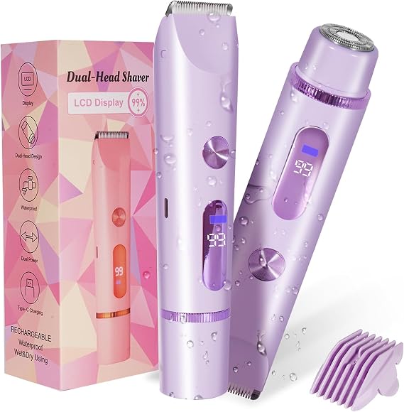 Bikini Trimmer for Women 2in1 High Power Epilators Hair Removal Waterproof Electric Razors Women's Electric Razor Pubic Hair Trimmer Shaver for Women for Ladies Pubic,Face, Underarms,Legs(Purple)