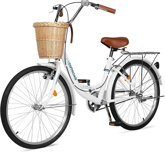 Betterland Beach Cruiser Bike for Women, 24/26 inch Hybrid Bike with Adjustable Seat, Womens Bike with Front Basket and Dual V-Brake, Step Through Comfort Bicycle for City Commuter