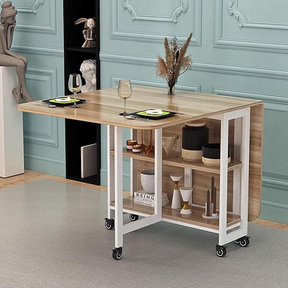 Drop Leaf Dining Table, Modern Folding Dining Table with 6 Wheels and 2-Layer Storage Racks, Space Saving Kitchen Table, Carbon Steel Bracket, Foldable in 3 Forms