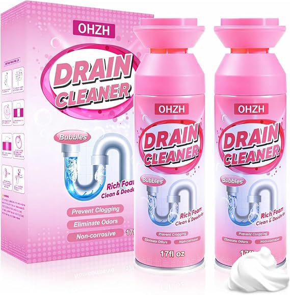 Foaming Drain Cleaner,Drain Clog Remover Sink Cleaner and Deodorizer,Foaming Cleaners for Kitchen, Sinks, Shower Drains,Tub (2pcs)