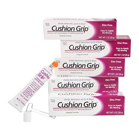 Cushion Grip Thermoplastic Denture Adhesive Refits & Tightens Dentures, Works Like a Denture Reliner for Secure Fit & Comfort, Holds Up to 4 Days, Glue-Free, Waterproof & Zinc-Free, 1 oz (Pack of 5)