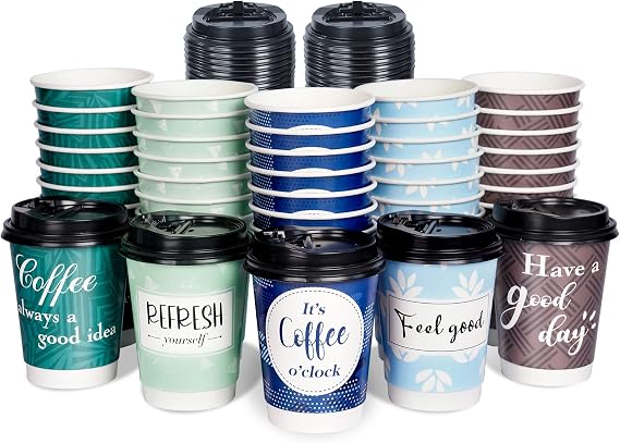 Disposable Coffee Cups with Lids 12 oz, 50 Pack Double-Walled Paper Coffee Cups with Fun Designs, Insulated Hot Beverage Paper Cups for Cold & Hot Drinks