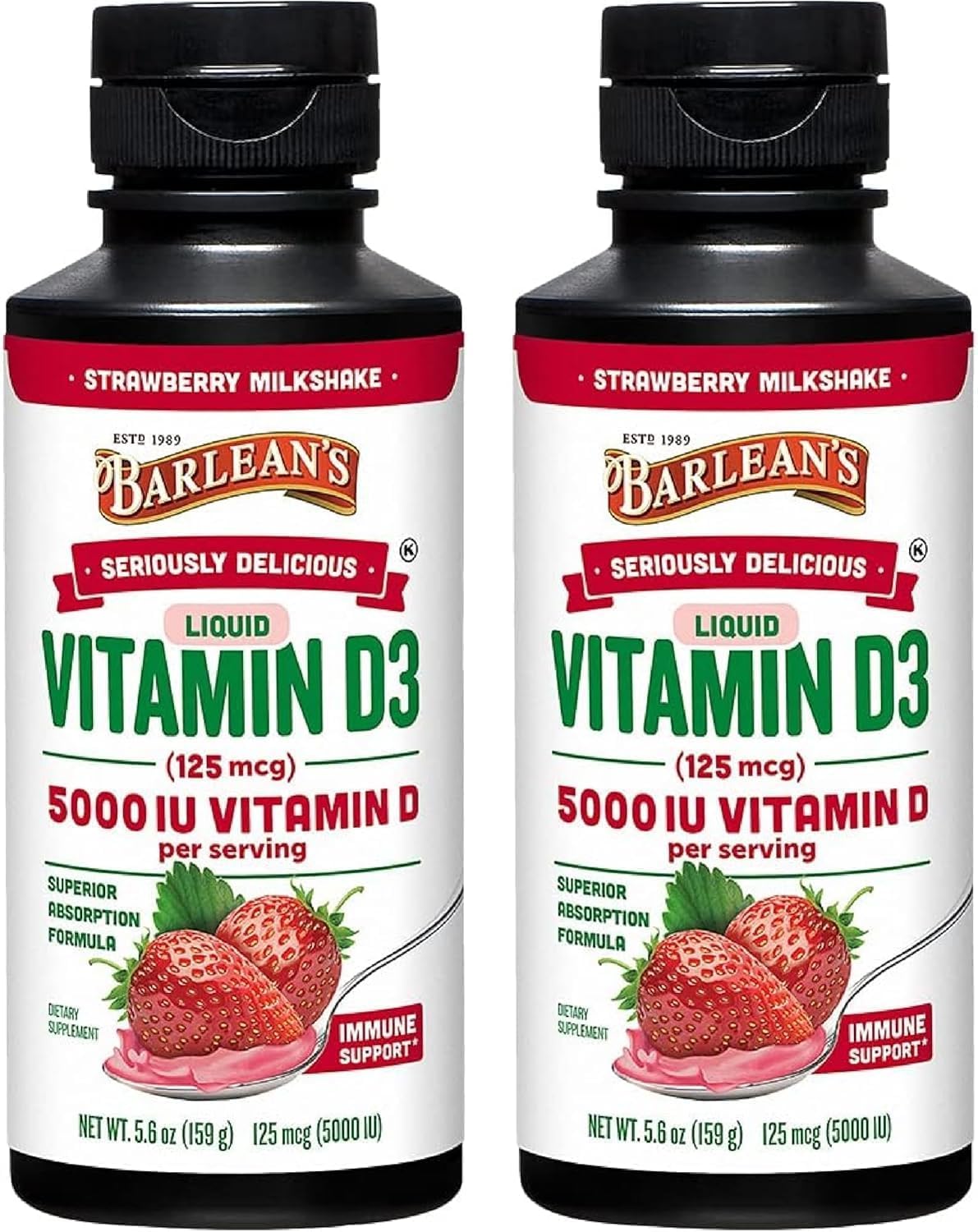Barleans Pack of 2 Vitamin D3 Liquid Supplement for Kids and Adults, 5000 IU Vitamin D, Strawberry Milkshake, Non-GMO, Gluten and Dairy Free, 5.6 oz Each