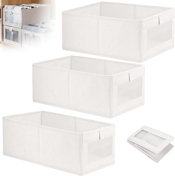 3 Pcs Wardrobe Storage Organiser with Clear Window, Foldable Clothes Drawer Bins, Fabric Closet Storage Box, Stackable Clothing Organizer Basket for Jeans, Trousers,Underwear, Pants, Shirts, Toy, Book